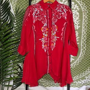 NWT Vintage Collection Embroidered Floral Handwoven Silk Tunic Top Red Coral S